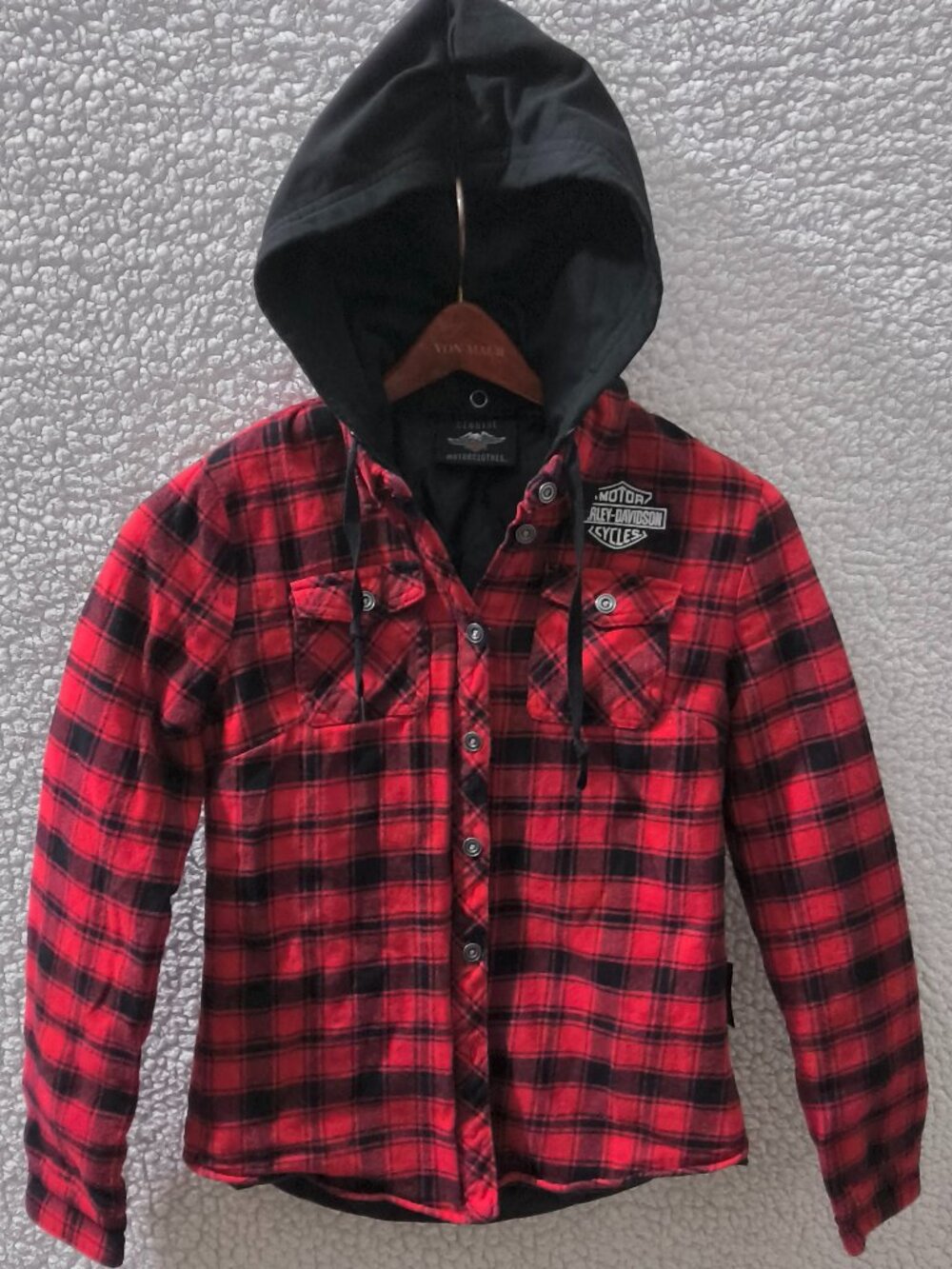 Harley-Davidson Women's XS Hooded Flannel Shirt Jacket Plaid Red Black Quilted